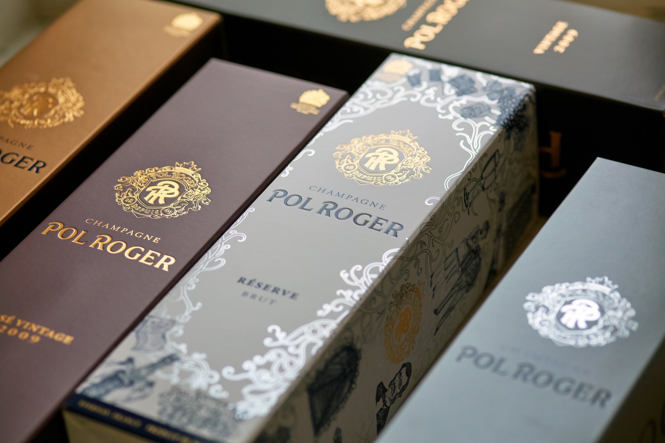 Presentation cases from the Champagne Pol Roger range